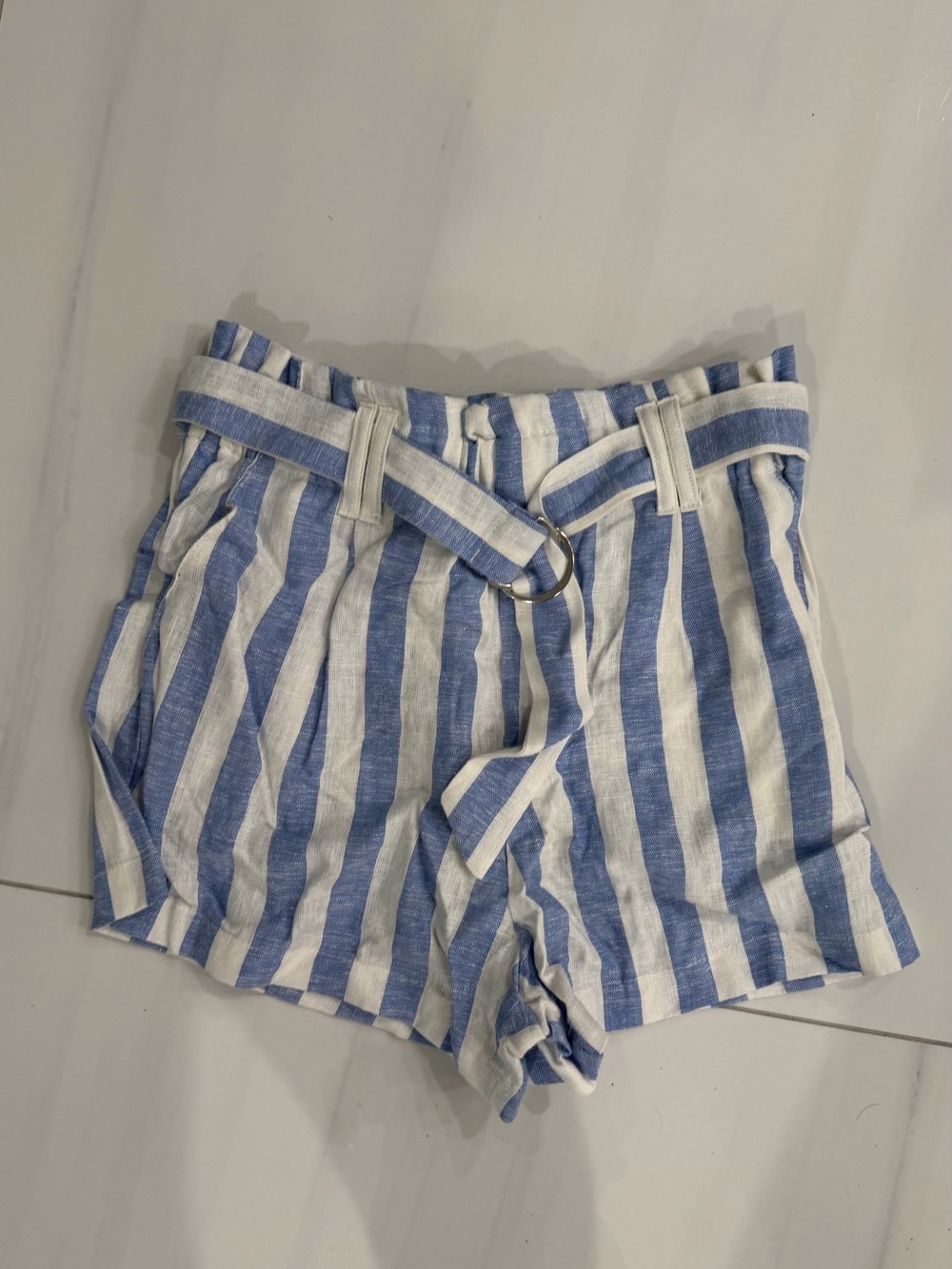 Striped Blue and White Paperbag Lenin Waist Shorts